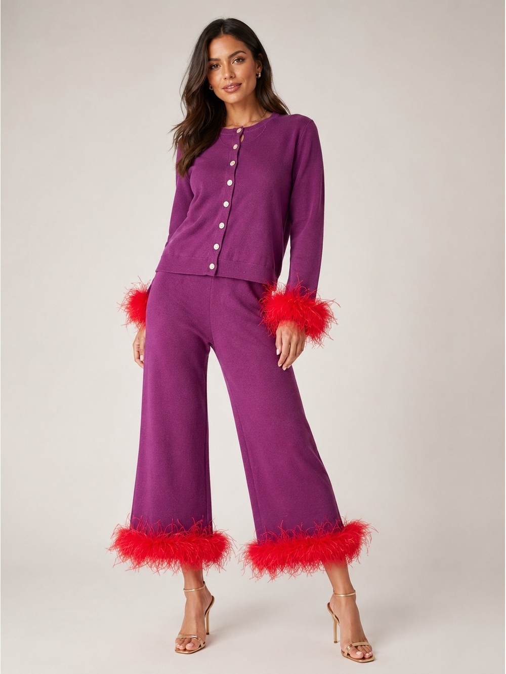 Antonio Melani Knit Set Women's Purple Feather Trim Cardigan Pants Size M NWT